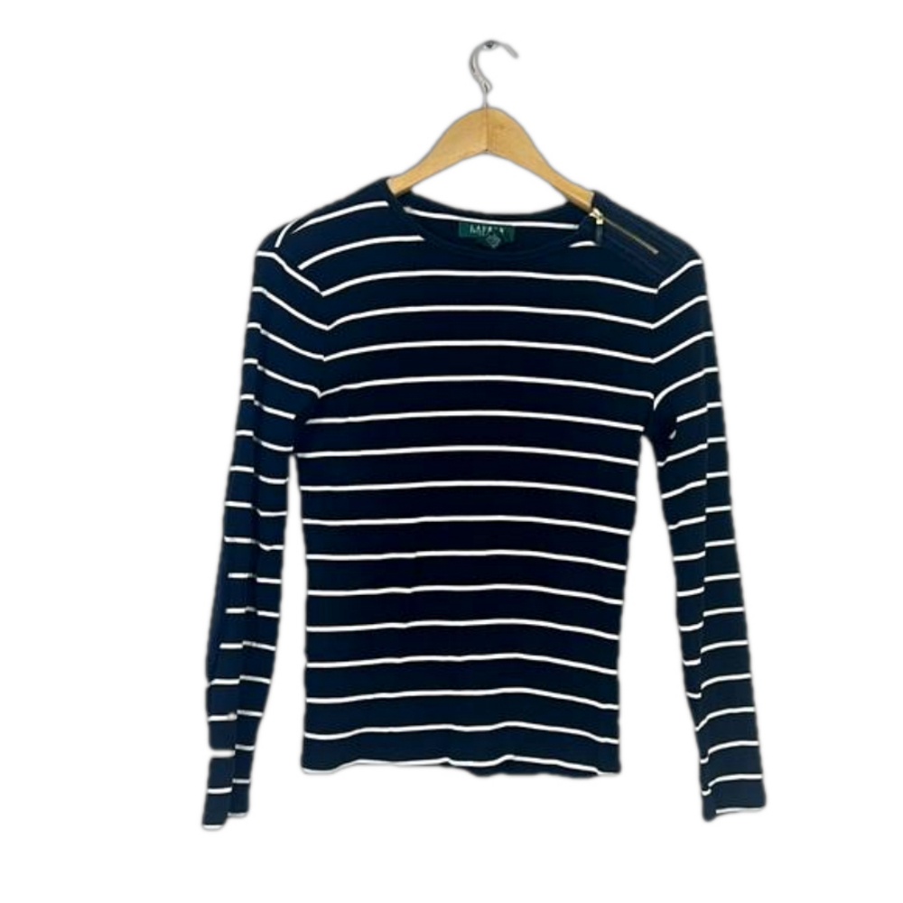 Ralph Lauren Mp Rib Knit Sweater Black White Striped 100% Cotton Long Sleeves